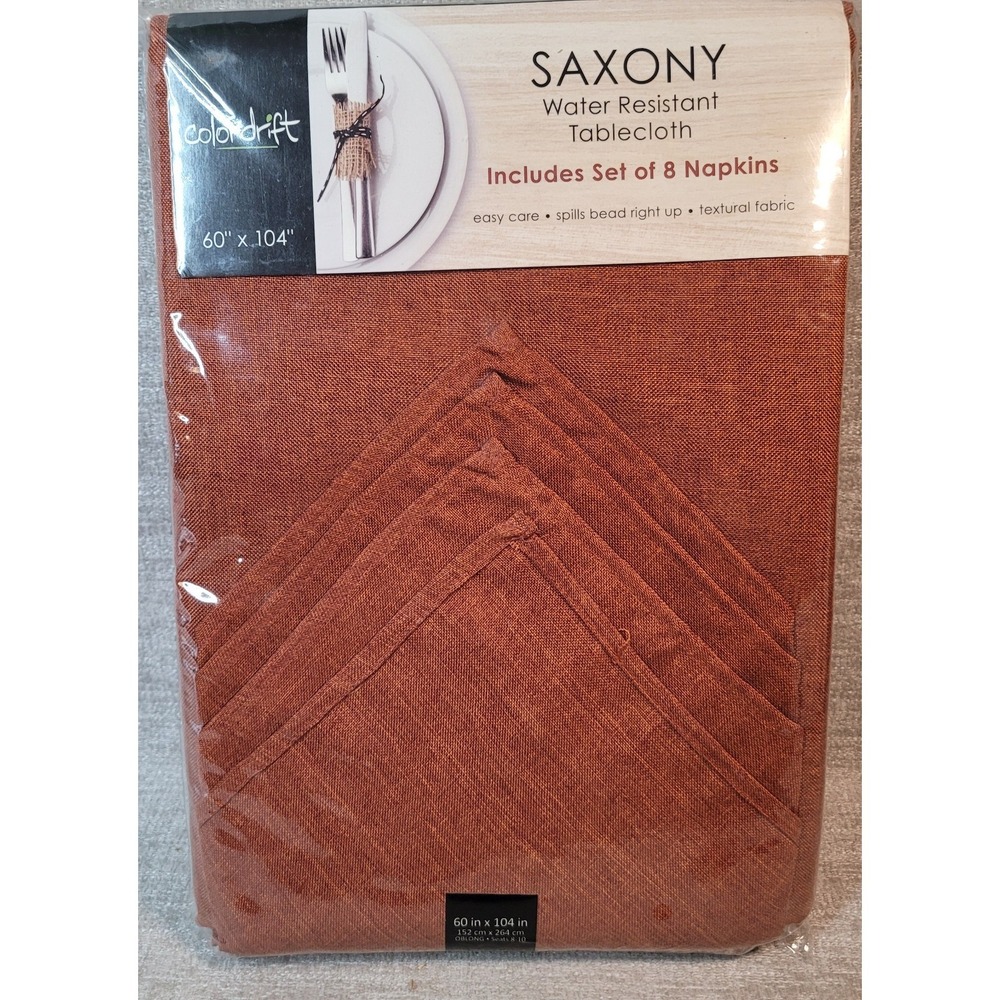 Colordrift Saxony Water Resistant 60 x 104 Tablecloth Rust Color w/ 8‎ Napkins